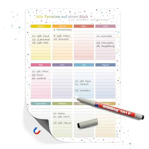 TOBJA magnetischer Geburtstagskalender A4 | Jahresunabhängig & abwischbar | Immerwährender Kalender mit bunten Dots | Dekorativ & wiederverwendbar (Dots magnetisch +Stift)