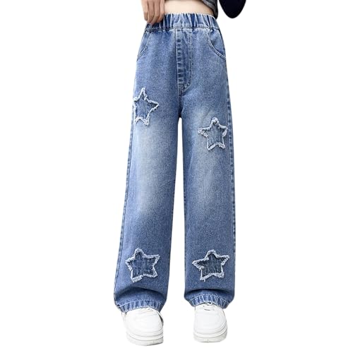 Generisch Jeans Mädchen Jean Hosen Y2K Hip Hop Denim Jeans Vintage Hose mit weitem Bein für Kinder Mit Taschen Stretch Pants Streetwear Jeanshose