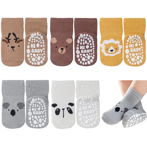 SockWaddles Stoppersocken Kinder Baby, 5 Paar ABS Atmungsaktiv Antirutschsocken Kinder, Krabbelsocken Baby Baumwolle, Jungen und Mädchen Crew Socken mit Tiere