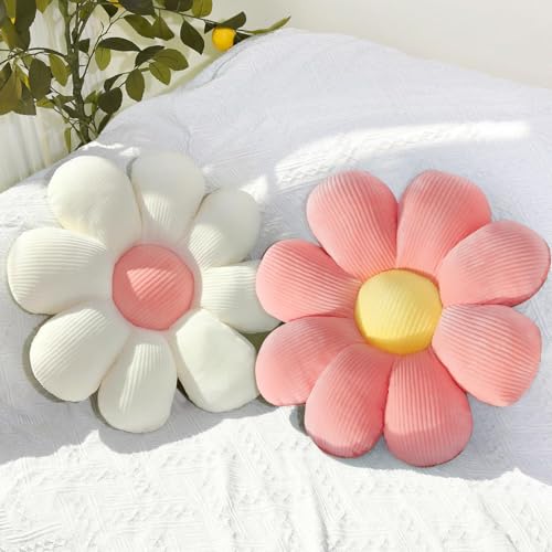 Duscdesp 2 Stück Blumenkissen Blumen Bodenkissen, Kissen Blume Tatami Sitzkissen Boden Stuhlkissen Zierkissen Niedliches für Schlafzimmer Auto Kinderzimmer Sofa Stuhl Zimmer Deko (Rosa + Weiß, 38cm)