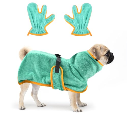 HEKOBAG 2 Stück Hundebademantel Extra Saugfähig Hunde Bademantel XS Bademantel Hund Klein Badetuch Hunde Schnelltrocknend Trockenmantel aus Samt mit Handschuhe für Kleine Hunde Katze (Grün)