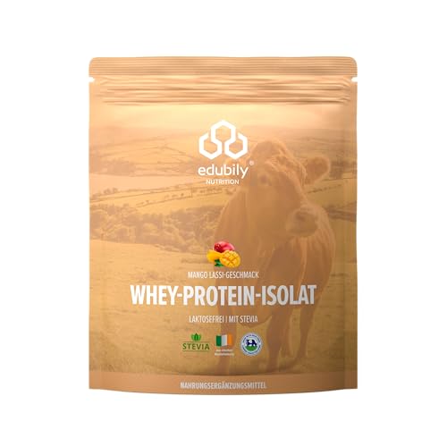 edubily nutrition® Whey Protein Isolat • Laktosefrei • Sehr gut lösliches Eiweißpulver ohne Kohlenhydrate & Zucker • Aus irischer Weidehaltung • 750 g (Mango-Lassi mit Stevia)