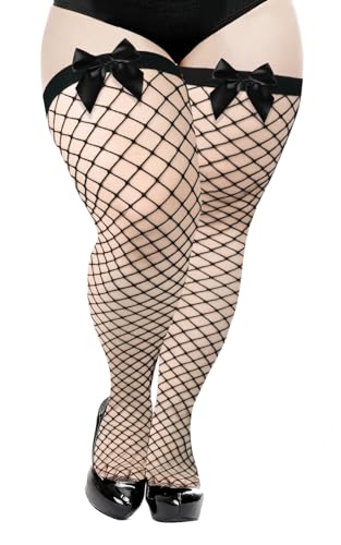 Moon Wood Damen Netzstrümpfe Halterlos mit Schleifen Halterlose Strümpfe Sexy Overknees Fishnet Stockings Schwarz XXL