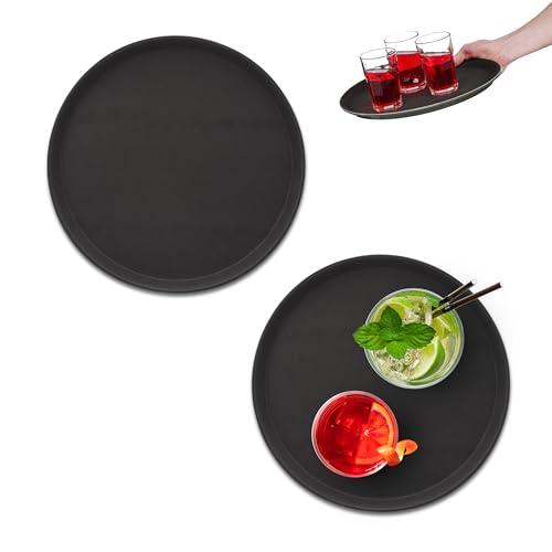 Relaxdays Serviertablett, 2er Set, rutschfeste Oberfläche, HxD: 2 x 35 cm, rundes Kellnertablett, Gastronomie, schwarz
