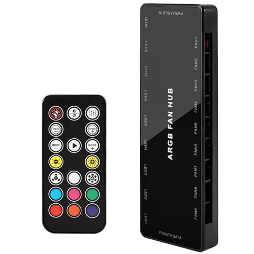 Joycabin ARGB PWM Fan Hub, ARGB Hub Mit Controller, 2-in-1 PWM-Anschluss ARGB Integrierter Lüfter Hub, Magnetische Basis und SATA Power 18 Port, Support 9 Computer CPU Fans Splitter