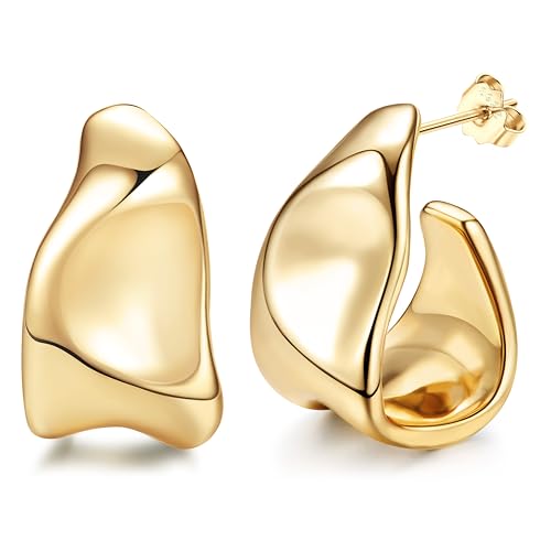 Adramata Silber 925 Creolen 14K Vergoldete Hängende Hypoallergene Offene Gold-Tropfen Chunky Statement Ohrringe für Damen - Goldschmuck Geschenke