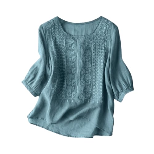 , lässig, fünf Manschetten, Baumwolle, Leinen, V-Ausschnitt, Sommer-Stickerei, lockeres T-Shirt-Oberteil Kurzer Mit Schlitz (E-Blue, M)