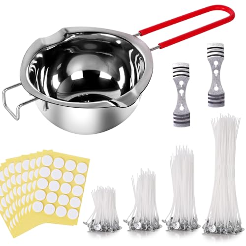Kerzenherstellung Zubehör Schmelztopf,Kerzen Selber Machen Set, 200 Stück kerzendochte für Kerzen, mit 2 Edelstahl dochte für Kerzen Festen Halter (ST-01)