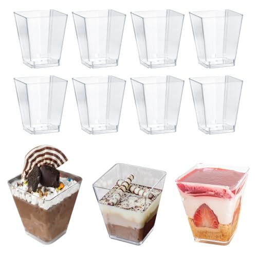 ZFOEFO 50 Stück Dessertbecher Plastik Dessertgläser Wiederverwendbar Dessert Becher Transparent Dessert Schälchen 7.5 * 5.8 * 4cm Pastikbecher Klein Plastikbecher für Dessert Mousse Pudding Eiscreme