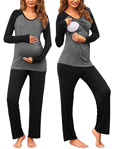 Ekouaer Stillpyjama Damen Still Schlafanzug Umstandsschlafanzug Langarm Wochenbett Hausanzug Schwangerschaft Winter Schwarz/Grau 2 M