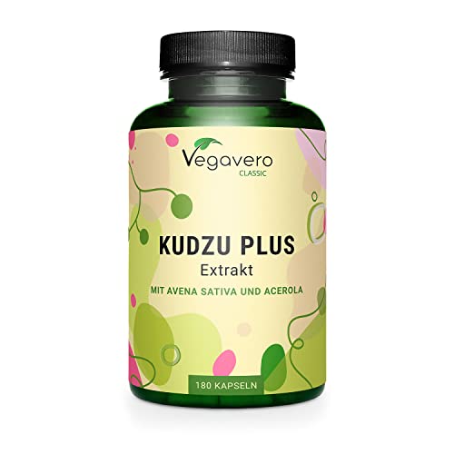 Kudzu Kapseln hochdosiert | Premium: 6.000 mg Pulver aus 600 mg Extrakt | Mit Haferkraut + Vitamin C | Isoflavone | Laborgeprüft | Vegan - ohne Zusatzstoffe | Deutsche Produktion Vegavero®