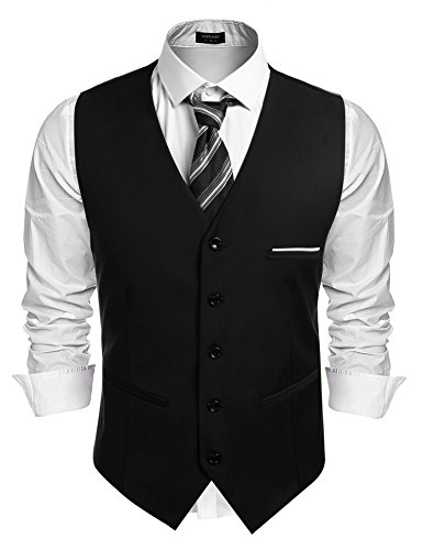 COOFANDY Herren Weste Anzugweste V-Ausschnitt Slim fit Formale Hochzeit Einfarbige Elegant Herrenwesten Business Party Smoking Weste Schwarz L