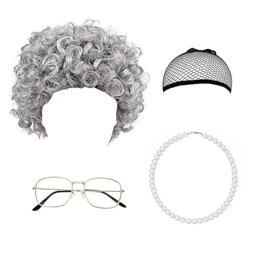 XDGBGFN 4 Stück Old Lady Kostüm Zubehör Set, Oma Perücke Perücke Kappe Oma Brillen Ketten Perlenkette, Alte Dame Kostüm Accessoire Set