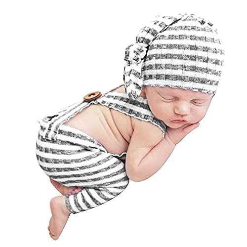 Winmany Neugeborene Baby Fotografie Requisite Outfits Gestreifter Overall Strampler Knotenhut Fotoshooting Kostüm für 0-2 Monate