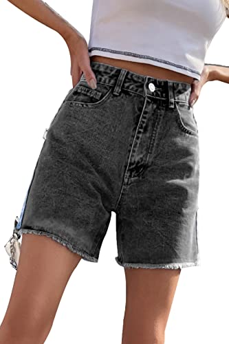 FANGJIN Damen Kurzer Jeans Sommershort Casual Denim Shorts Mittlere Taille Hotpants mit Taschen Jeanshose Grau XL