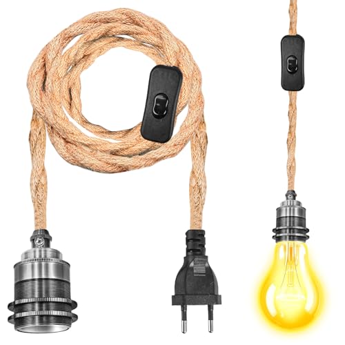 E27 Lampenfassung mit Kabel, Hanfseil Pendellampe Kit Lampenfassung Pendelleuchte mit Stecker und 1,8M Kabel E27 Vintage Lampenkabel HäNgende Leuchte für Dining Hall Schlafzimmer Home (Ohne Glühbirne)