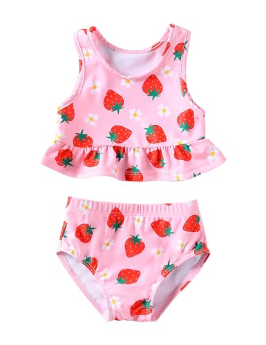 GiHaood Neugeborenes Baby Mädchen Badeanzug 2-teiliges Tankini-Set Rotes Erdbeergerüschtes Oberteil Hoher Taillenbikini-Badeanzug Schwimmanzug 4-5 Jahre