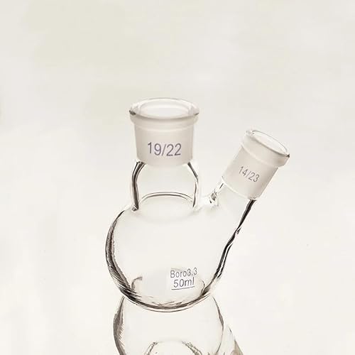 XIAOYANLIU Zweihalskolben schräge Form, mit Zwei Hälsen Normschliff 50mL 19/22+14/23, Zweihals-Stehkolben