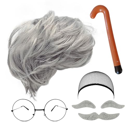MIVAIUN 8 Stück Opa Kostüm Set Graue Perücke Schnurrbart Augenbrauen Perücke Mütze Brille Aufblasbare Spazierstock Mann Kostüm Zubehör Rentner Kostüm Opa Perücke Männer Perücke für Party(Set-C)