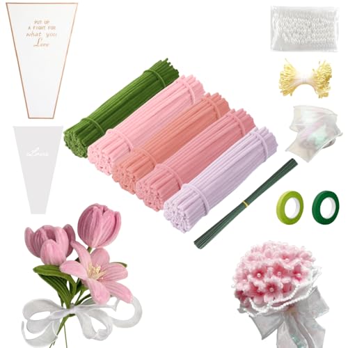 FINEVERNEK Rosa Tulip Blumenstrauß Pfeifenreiniger Set, 250 Stück Pfeifenputzer zum basteln Blumen(5 Farben), mit 20 Stück Grün Basteldraht, Bänder, Perlen für Blumenstrauß DIY Basteln