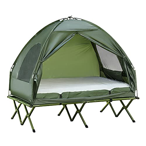 Outsunny Erhöhtes Campingbett und Zelt, Feldbett, Kuppelzelt mit Luftmatratze, inkl. Pumpe, TAFT, Grün, 193 x 136 x 178 cm