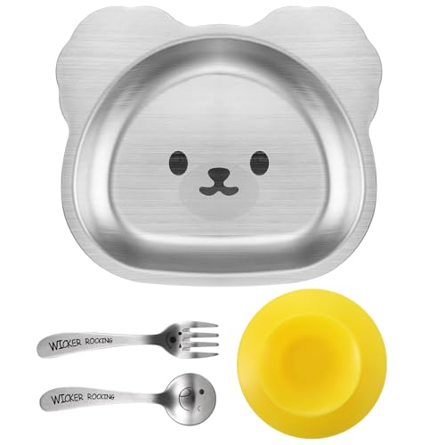 Huiguli 304 Edelstahl Kinderteller Kantinen mit Silikon Saugfuß, Edelstahl Teller Baby, Abendessen Tabletts mit Löffel und Gabel, Sicheres Langlebiges und Rutschfestes Geschirrset für Kleinkinder