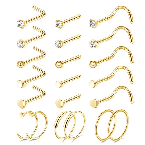 LOCCY 21 Stück 20G Nasenpiercing, 316L Edelstahl Nasenring Nasenstecker Silber/Gold Screw/Straight/L-Form Nasenpiercing mit Zirkonia Nostril Piercing Schmuck für Frauen Männer (Gold)