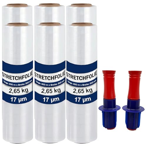 Stretch Wrap Film-6 Pack, 50 cm / 2.65kg, 17 μm, 300m, Stretch Industrial Strength for Pallet Wrap, Moving, Shipping, Packaging, Furniture Wrapping Moving & Protection,2 Roll with Handles (6 Stück)