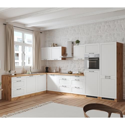 Lomadox Winkelküche Küche Einbauküche Küchenzeile L-Form 360/240 cm mit E-Geräten in weiß und Eiche, Arbeitsplatte in Eiche, inkl. Dunstabzugshaube, Herd, Backofen, Geschirrspüler, Kühlgefrierkombi