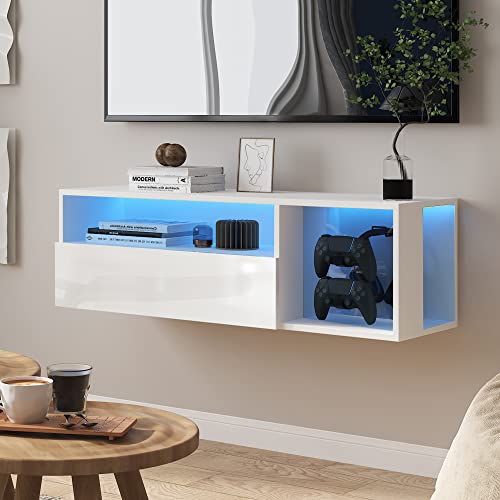SogesHome TV-Bänke & Lowboards TV- & Phonomöbel Wandmontierter TV-Ständer mit 3 Ablagefächern Schwebender Wand-TV-Schrank Ständer mit LED-Leuchten Modernes Unterhaltungszentrum Medienkonsole Tisch