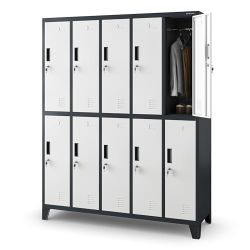 Umkleideschrank 5B2A Spind Spint Schließfachschrank Metallschrank mit 10 Fächern Etikettenhalter Lüftungsschlitze Metall Pulverbeschichtet 172 cm x 136 cm x 45 cm (H x B x T) (Anthrazit-Weiß)