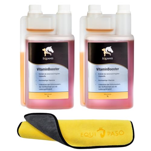 Equanis Set | Vitamin Booster | 2X 1 Liter flüssig | Stärkt das Immunsystem | Die Vitaminkur für Pferde Nahrungsergänzung für Pferde + Equipaso Profi Mikrofaser Tuch Gratis