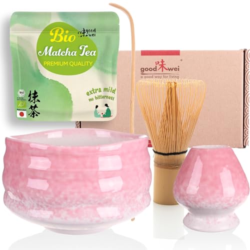 Goodwei BIO Matcha aus Japan im Matcha-Set komplett mit hochwertiger Matcha Schale aus Keramik, Matcha Besen und Besenhalter | Geschenkset für Teezeremonie (Sakura)