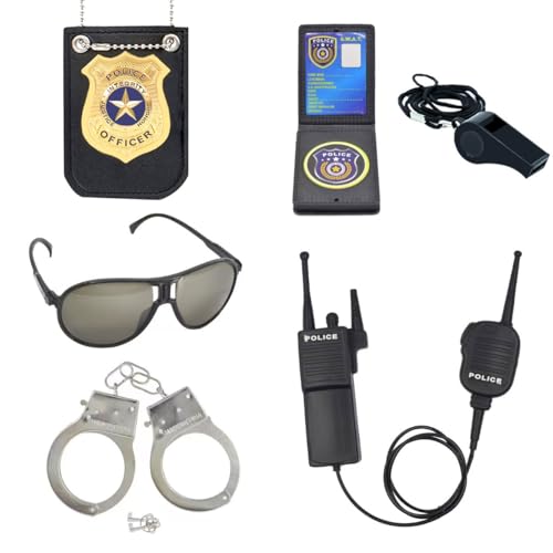 ZUCOS Polizei Kostüm Kinder, Polizist Handschellen Sonnenbrille Abzeichen Detective Cop Swat Rollenspiel Zubehör Halloween Party Kostüm Dress up (A, Medium)
