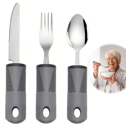 Easy Grip Besteck-Set, extra breite, klobige Griffe, Behinderungshilfe für behinderte Hände, mit Messer, Gabel, Löffel, ideale Esshilfe für ältere Menschen, Arthritis, Parkinson, Zittern, 3 Stück