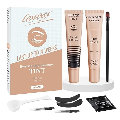 Lomansa Wimpernfarbe Schwarz, Augenbrauenfarbe und Wimpern Färben, 10 Anwendungen Intensiv Tönung, Zwei Bürstentypen für Einfache Bedienung, Geeignet für Anfänger und Salons (Augenpads)