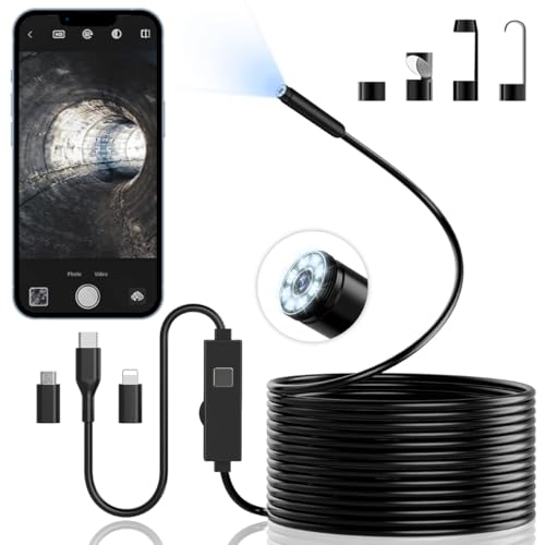 Endoskopkamera mit Licht, Qimic HD Endoskopkamera Handy mit 8 LED Licht, Kein WLAN Erforderlich Inspektionskamera Wasserdichtes Ip67 Kanal-Kamera Tools für Android & iPhone (16.4 ft/5m)