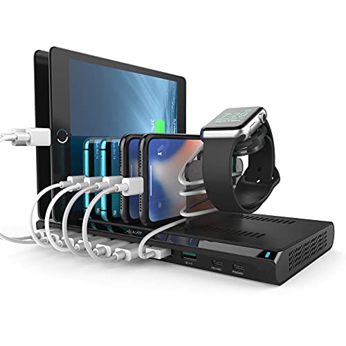 Alxum 120W 10 Port USB C Ladestation für Multi-Geräte, USB Multi Mobile Ladestation Schnellladestation mit 60W PD 18W PD & QC 3.0-Anschlüsse für Unternehmen Institutionen, Schulen, Bahnhöfe, Catering