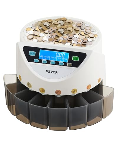 VEVOR Euro-Münzsortierer, Münzzählmaschine für 8 Arten von Euro-Münzen, Münzzählautomat für bis zu 850 Münzen, großes LCD-Display, Münzaufbewahrung inkl. 5 Münzröhren & 8 Münzboxen