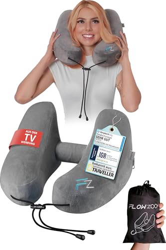FLOWZOOM Air Nackenkissen Flugzeug – H-Design Reisekissen für 5 Schlafpositionen, schnell aufblasbar & druckregulierbar – Nackenhörnchen mit Abnehmbarer Kapuze & weichem Plüschbezug – Größe M, Grau