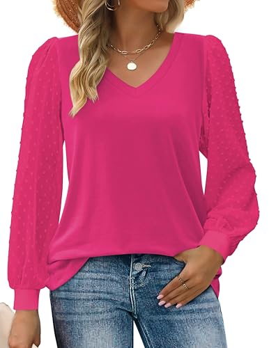 Zeagoo Damen Blusen V Ausschnitt Langarmshirt Polka Dots Ärmel Basic Pullover Oberteile Tunika Tops Elegant Casual Einfarbig Hemd Lässig Tshirt Herbst Winter Festliche Blusen Schickes Rosarot M
