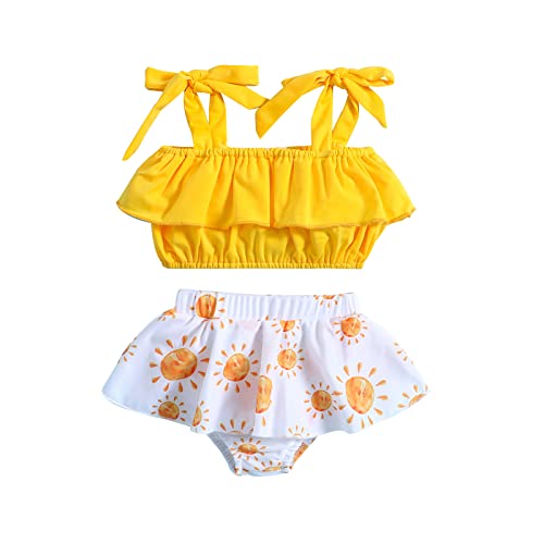 Baby-Badeanzug für Mädchen, Bikini-Set, bedruckt, Sonne, Crop-Top mit Trägern und Rüschenhöschen, 2-teiliges Set, Sommerkostüm zum Schwimmen, Strand, Pool, Urlaub, gelb, 68