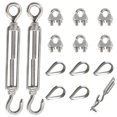 YEYIT 13 Stück Teillig Seilspanner Spannschloss Set Spannschloss M6 Drahtspanner Set mit Edelstahl Spannschloss M6 Drahtseilklemme M3 Edelstahl Drahtseil Kauschen M3 Für Seil Gartendraht Zaunspanner