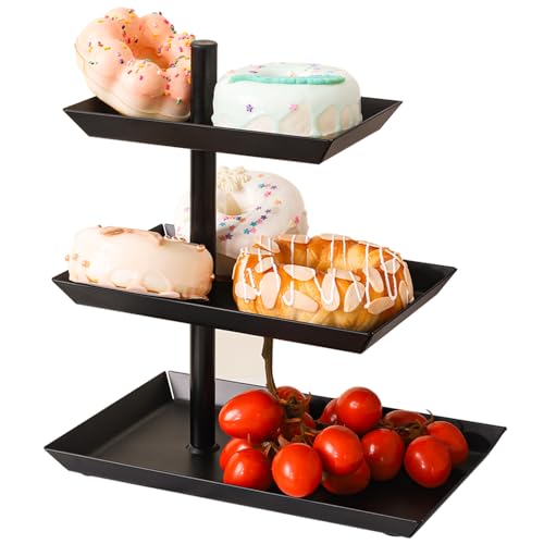 Schwarze Obst Etagere mit 3 Etagen - 360° Drehbare Obstschale für Partys und Unterhaltung, Metall-Servierplatte für Desserts, Kuchen, Gebäck, Kekse und Obst