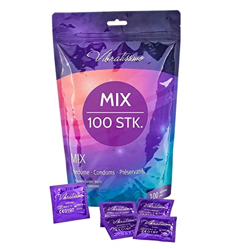 VIBRATISSIMO Kondome Mix 100er Pack gemischt I gefühlsecht & extra feucht I für Men I Kondom-Beutel dünne Wandstärke & Aromatisiert I Kondome hauchzart genoppt & gerippt