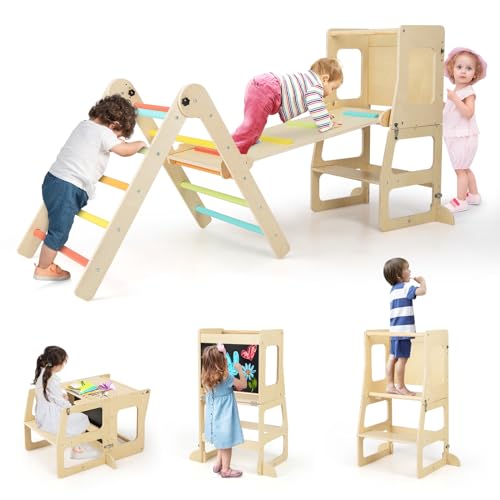 GOPLUS 7 in 1 Kletterdreieck Kinder, Faltbares Kletterset mit doppelseitiger Rampe, wandelbare Tritthilfe & Tafel, Tisch & Stuhl Set, Montessori Gymnastikspielzeug für Kinder 3-14 Jahre alt (Bunt)