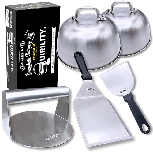 Quirility® | Smash Burger Set mit Smash Burgerpresse Edelstahl, Grillspachtel & Burgerglocke | Professionelles Burger Smasher Set | EU-Zertifiziert für Lebensmittelkontakt (Premium Plus)