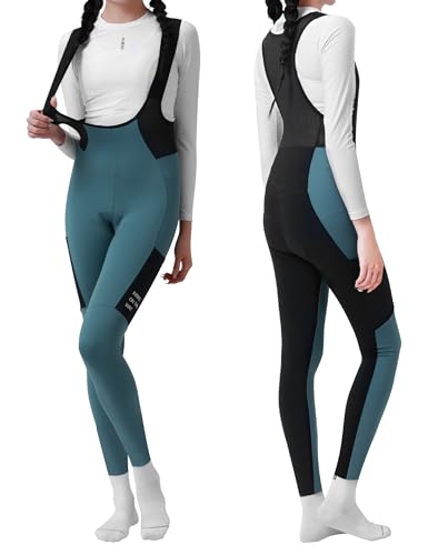 INBIKE Radlerhose Bib Pants Fahrradhose Fahrradträgerhosen Damen Lang Winter Thermo Warm Winddicht Gepolstert mit Taschen Fleece Reflektierendem Logo Atmungsaktiv Elastisch Weich Blau L
