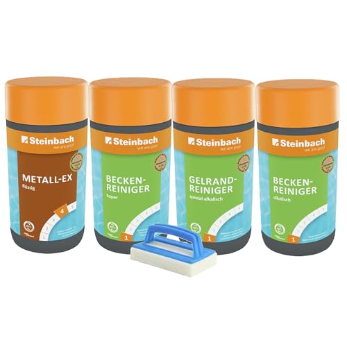 STEINBACH | Reinigungs-Starter-Set für Pools | 5-teilig | Beckenreiniger Super & alkalisch, Gelrandreiniger, Metall-EX je 1 l + Handschrubber | für Grundreinigung & Frühjahrsputz