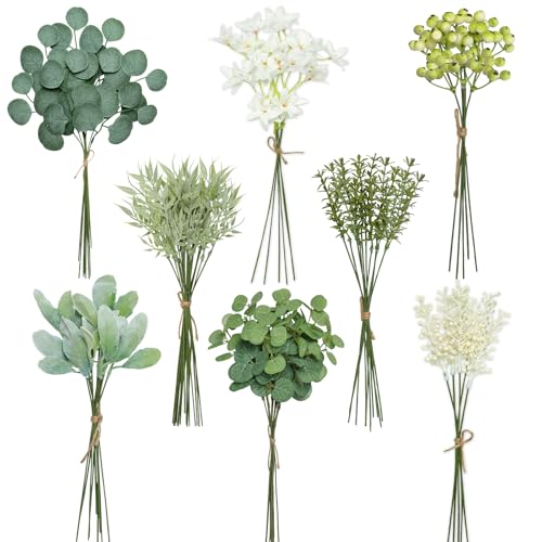 ASTNIC 75 Stück Künstliche Zweige & Kunstblumen, Weiß Kunstblumen Grün Eukalyptus Künstlich Dekozweige, DIY Künstlicher Blumenstrauß für Hochzeit Tischdekoration Brautstrauß Blumenarrangement